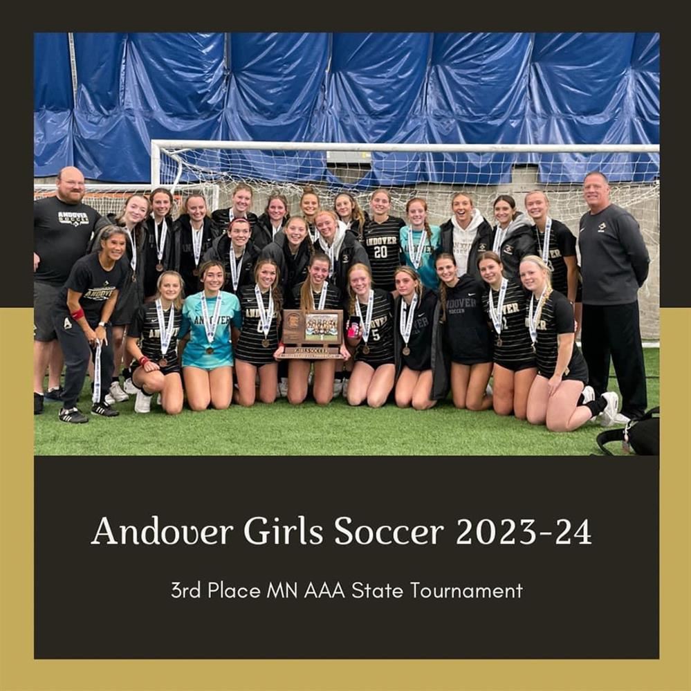 Andover High School girls soccer team pictured with third place trophy