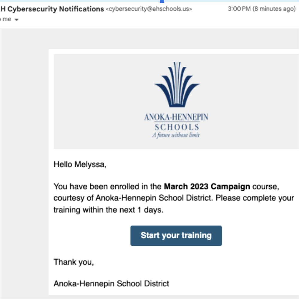  Screenshot of a test email from AH Cybersecurity Notifications