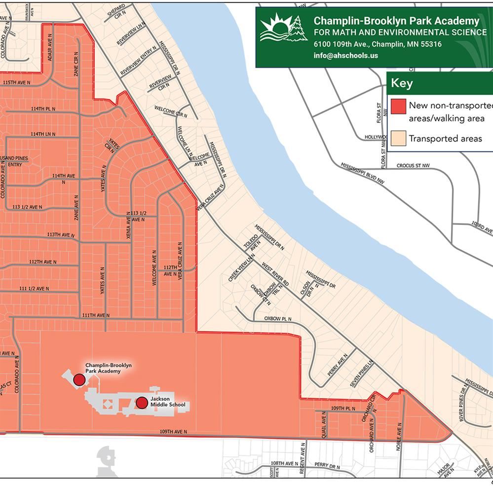  Champlin-Brooklyn Park Academy 2023-24 student transportation map