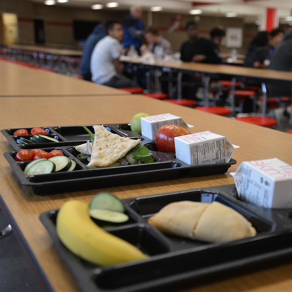  Food displayed on trays on a school cafeteria table