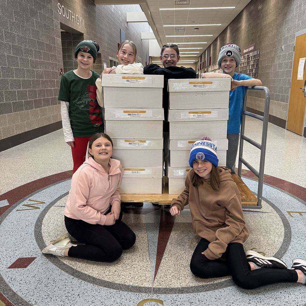  Brookside Elementary students pictured with boxes donated to Gillette Children's Infusion Center