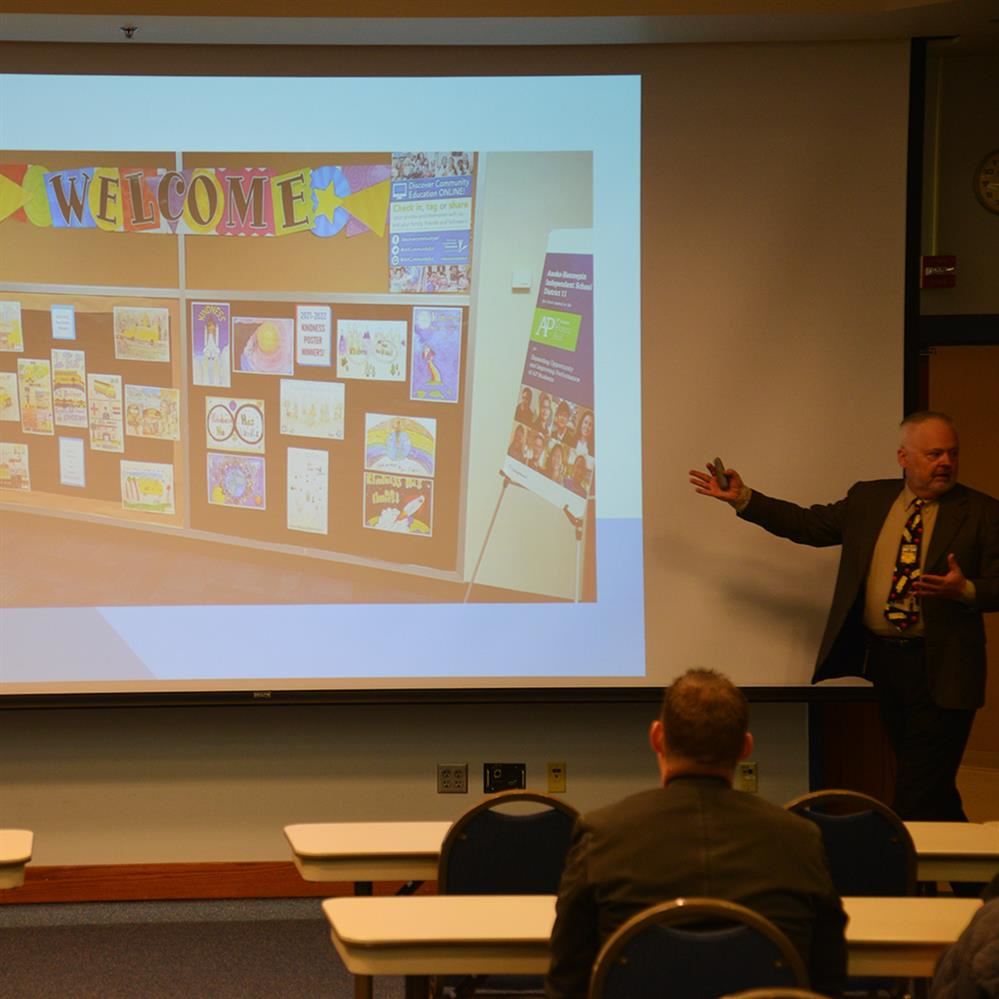  Transportation safety coordinator Jeff Mueller at the 2022 bus safety poster contest meeting