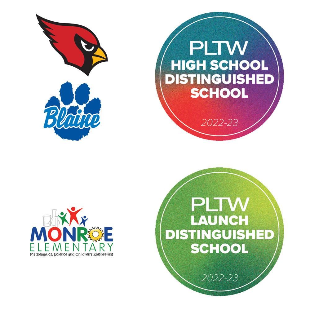 Coon Rapids, Blaine and Monroe school logos with PLTW logos