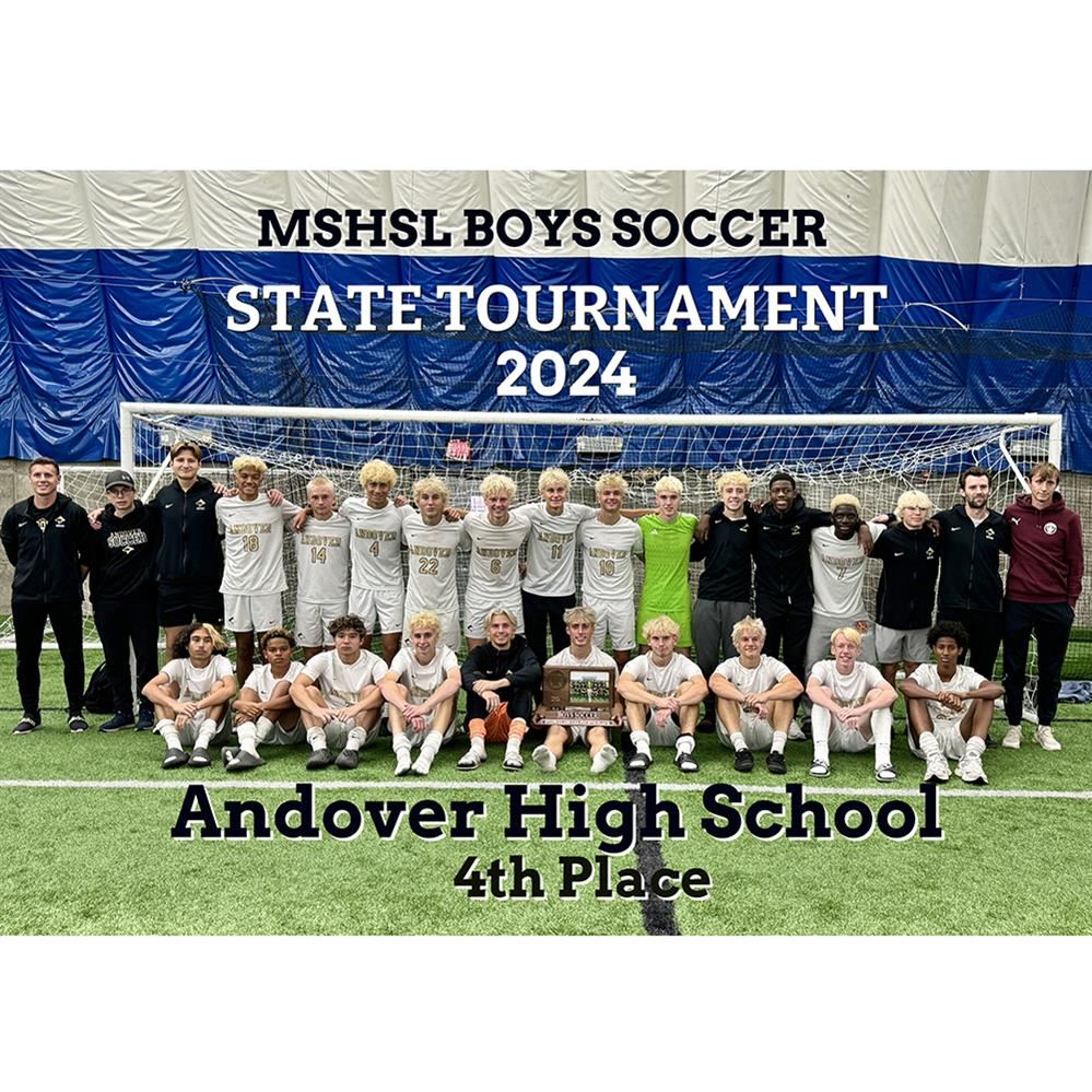  Andover High School boys soccer team pictured with 4th place trophy from state tournament