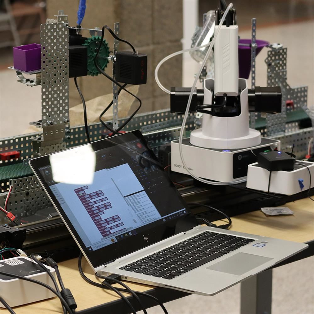 Computer set up on automated assembly line created by CRHS students 