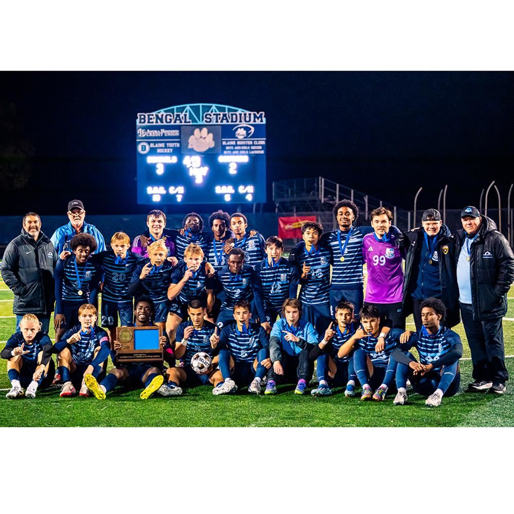  Blaine High School boys soccer team pictured in front of the scoreboard at Bengal Stadium