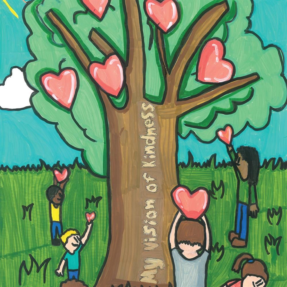  A drawing of a tree with hearts growing on it and children holding hearts created by Liam Miller