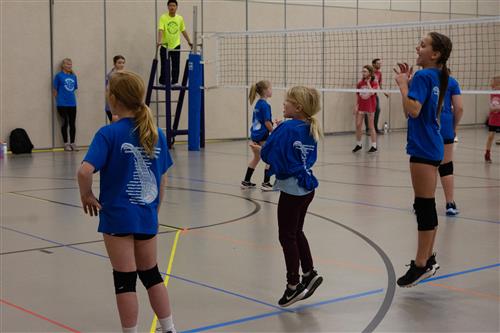 Students from royal blue team jump in excitement.